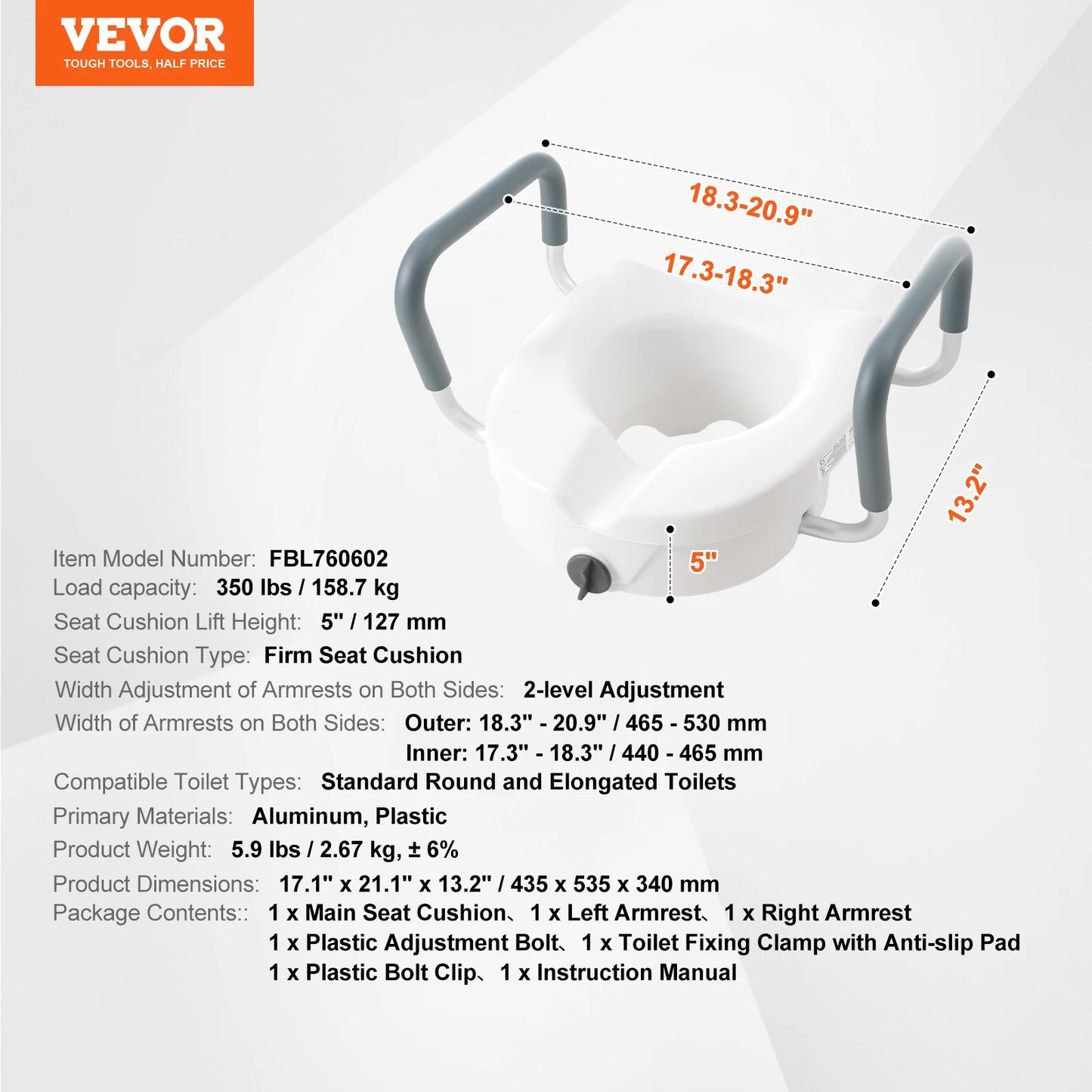 VEVOR Raised Toilet Seat 5 Inch Height 350 lbs Capacity - Senior Support Goods