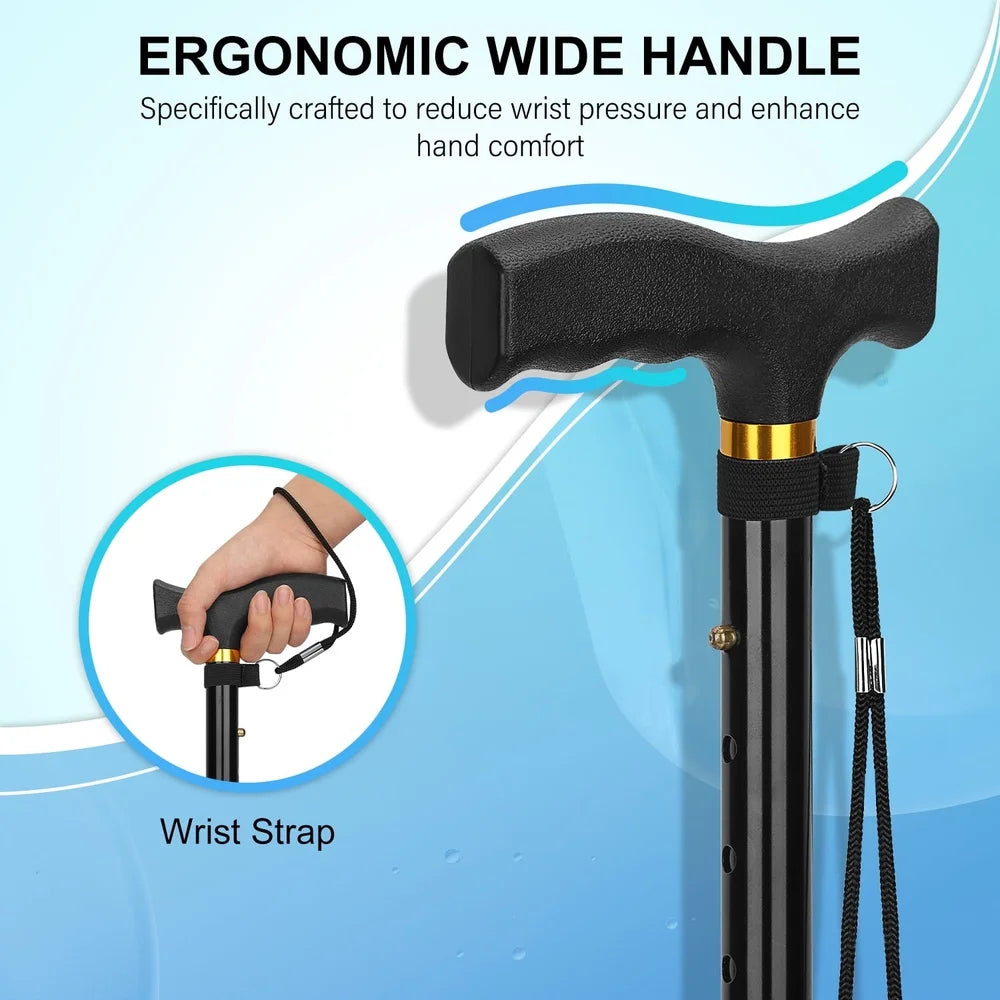 Lightweight Folding Cane Adjustable Height T Handle Walking Stick - Senior Support Goods