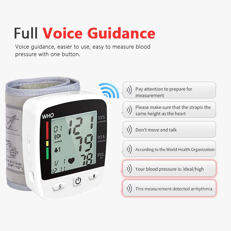 Digital Blood Pressure Monitor Wrist Tensiometer LCD 2 X 90 Memory Rechargeable - Senior Support Goods