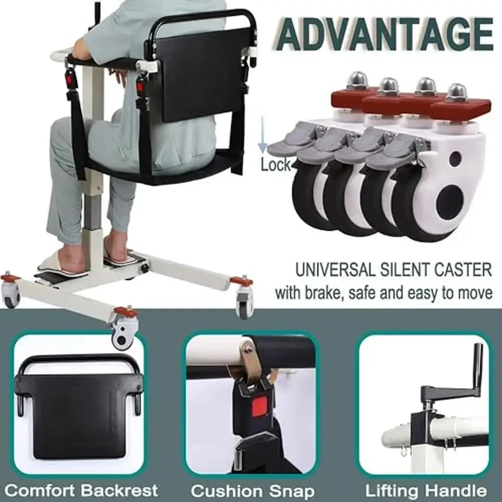 Home Patient Lift Wheelchair Transfer Chair Height Adjust Portable with Silent Swivel Wheels and Detachable Backrest Elderly - Senior Support Goods