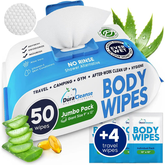 XL Body Wipes for Adults Bathing No Rinse 50 Ct + 4 Travel Wipes - Senior Support Goods