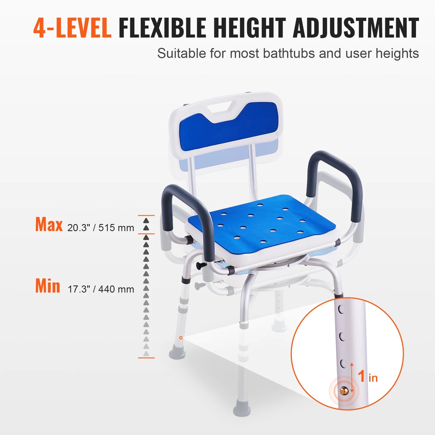 VEVOR Swivel Shower Chair 360 Degree Adjustable with Armrests - Senior Support Goods