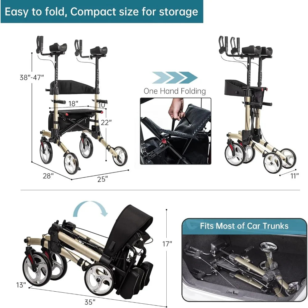 Upright Walker, Stand Up Folding Rollator Walker Champagne - Senior Support Goods