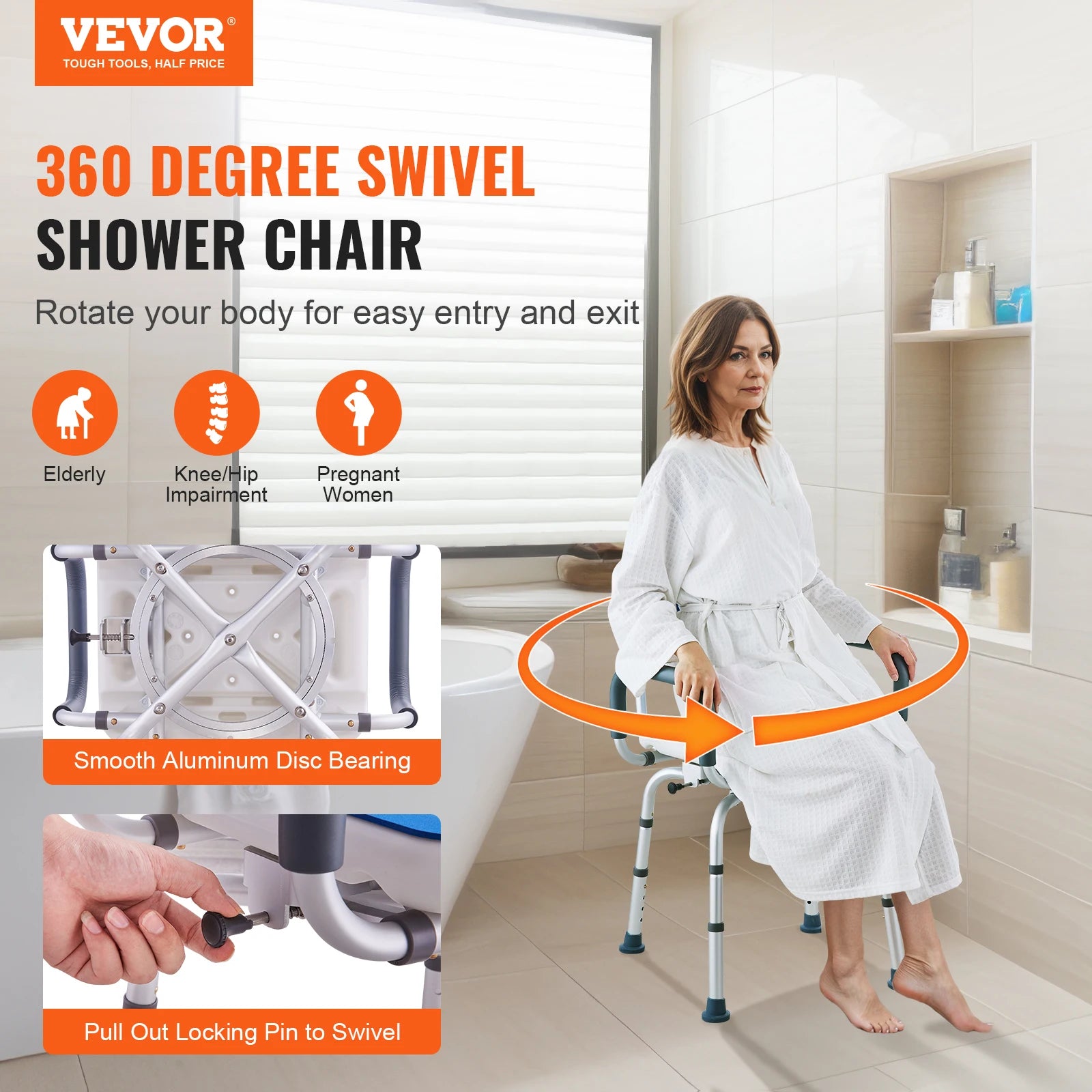 VEVOR Swivel Shower Chair 360 Degree Adjustable with Armrests - Senior Support Goods