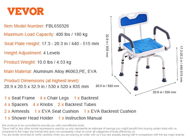 VEVOR Swivel Shower Chair 360 Degree Adjustable with Armrests - Senior Support Goods