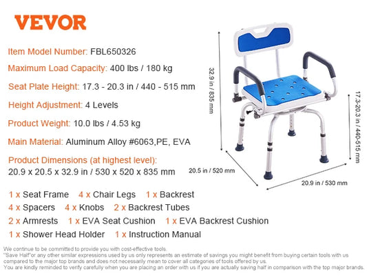 VEVOR Swivel Shower Chair 360 Degree Adjustable with Armrests - Senior Support Goods