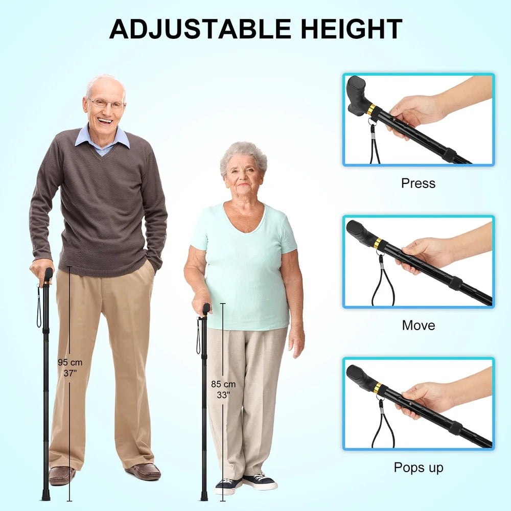 Lightweight Folding Cane Adjustable Height T Handle Walking Stick - Senior Support Goods