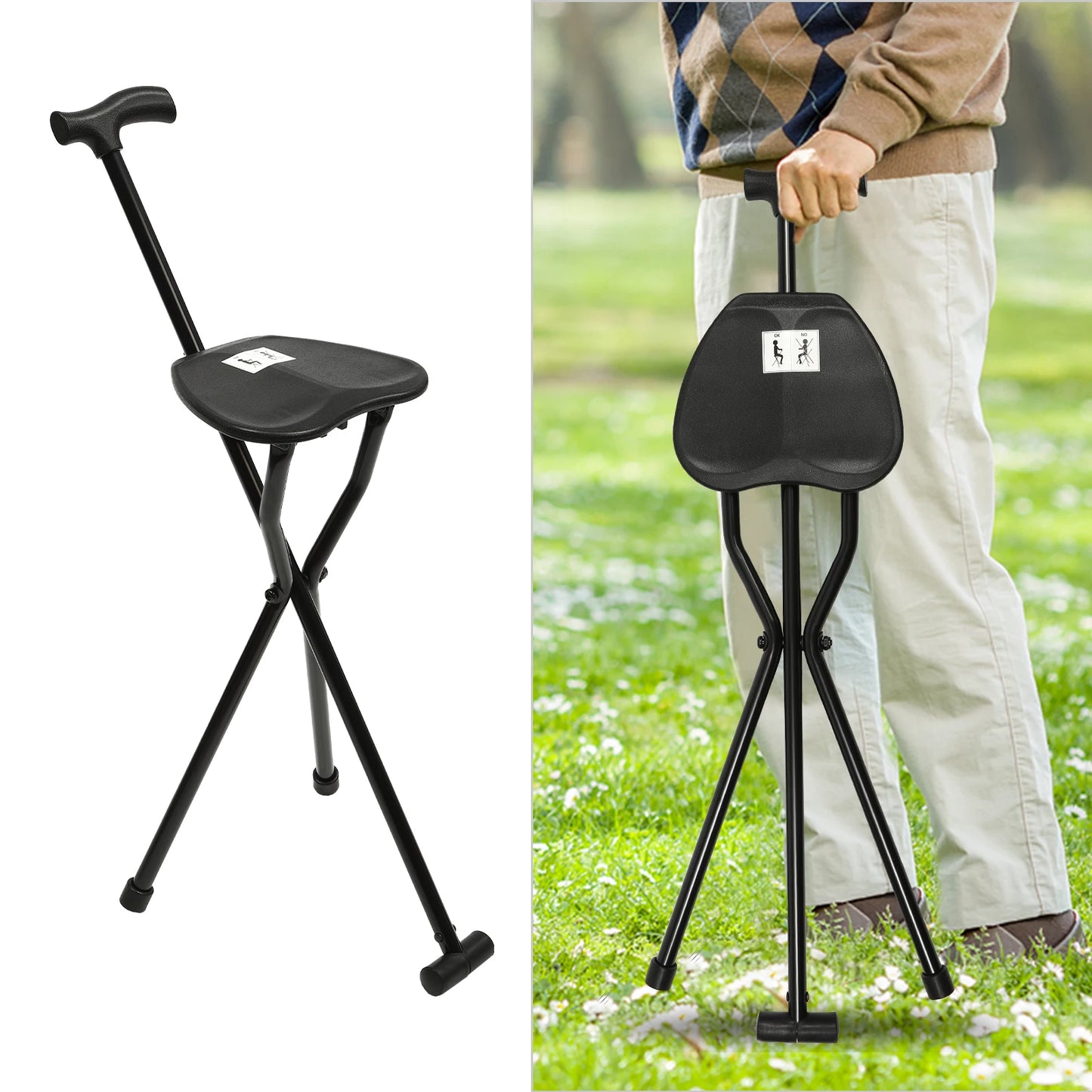 Portable Folding Walking Cane with Tripod Chair Seat - Senior Support Goods