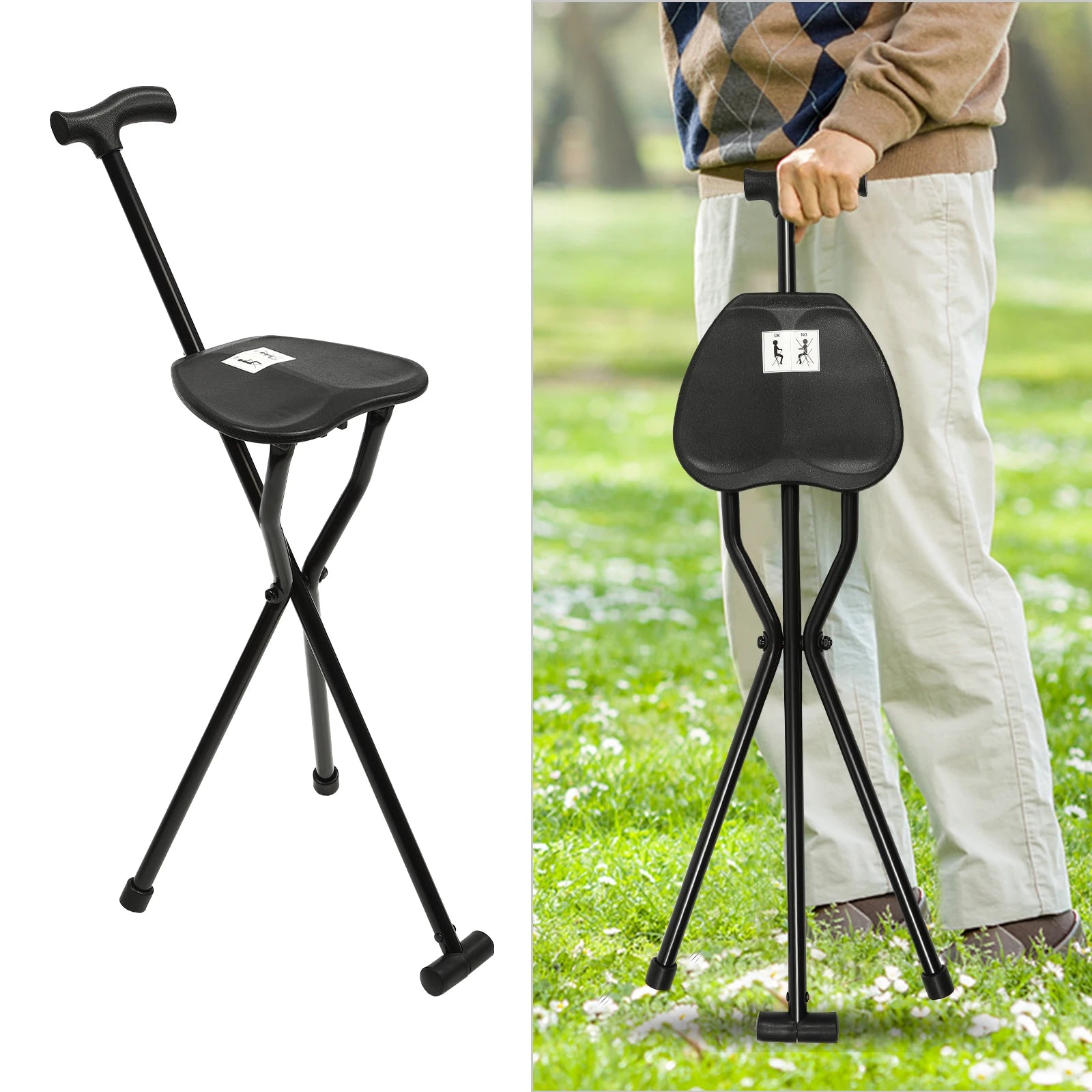 Portable Folding Walking Cane with Tripod Chair Seat - Senior Support Goods