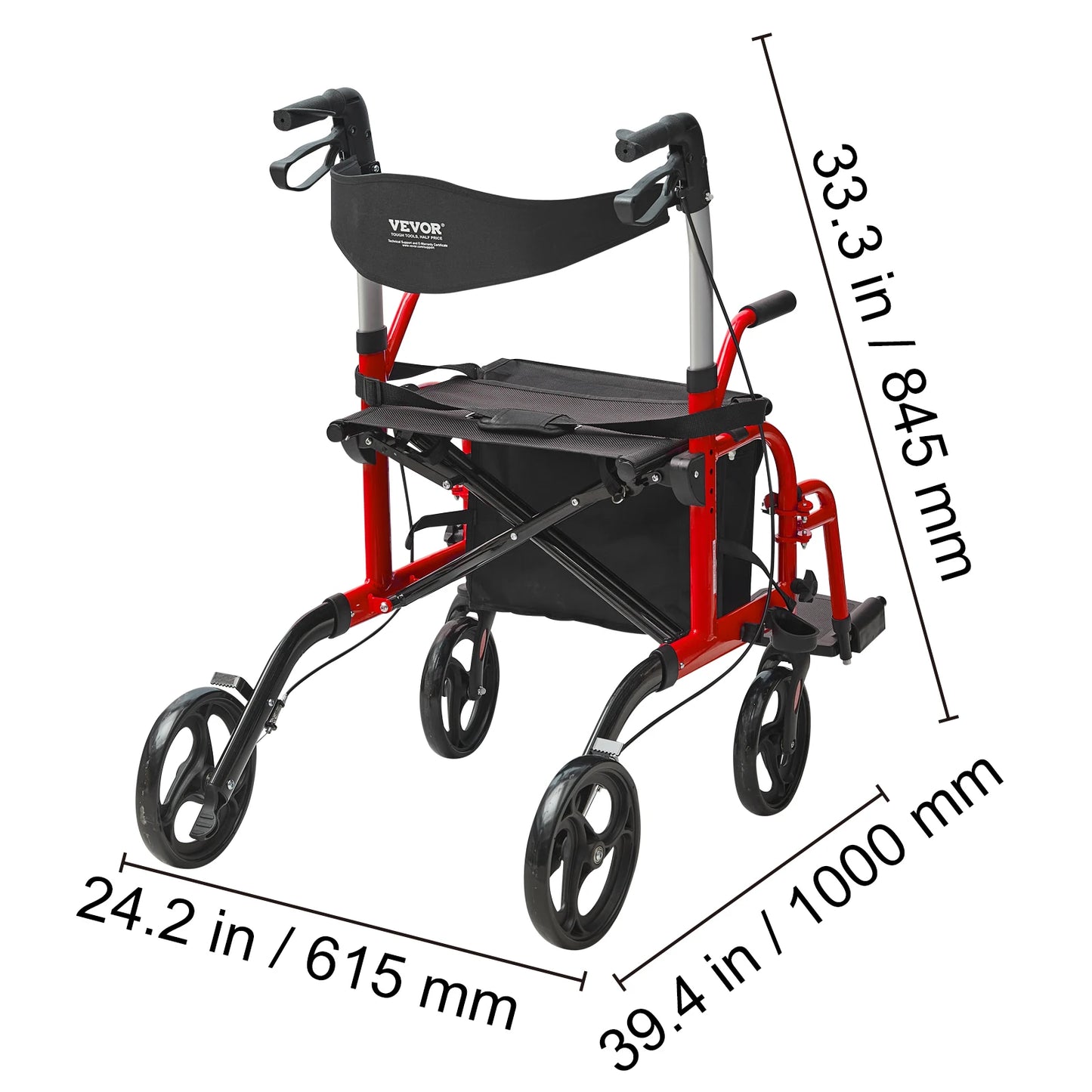 VEVOR 2 in 1 Rollator Walker & Transport Chair for Seniors - Senior Support Goods