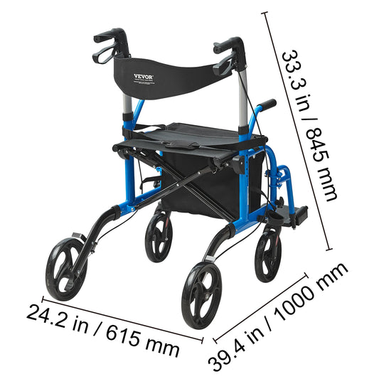 VEVOR 2 in 1 Rollator Walker & Transport Chair for Seniors - Senior Support Goods