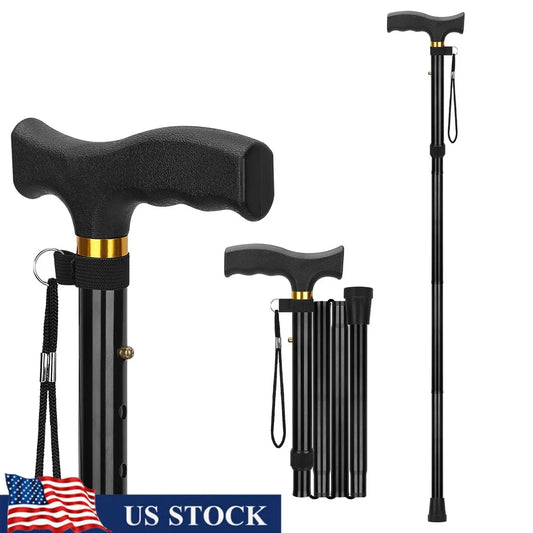 Lightweight Folding Cane Adjustable Height T Handle Walking Stick - Senior Support Goods