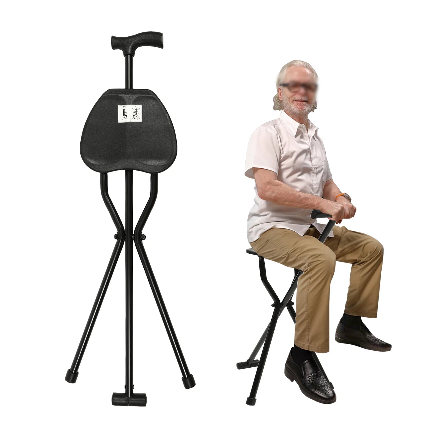 Portable Folding Walking Cane with Tripod Chair Seat - Senior Support Goods
