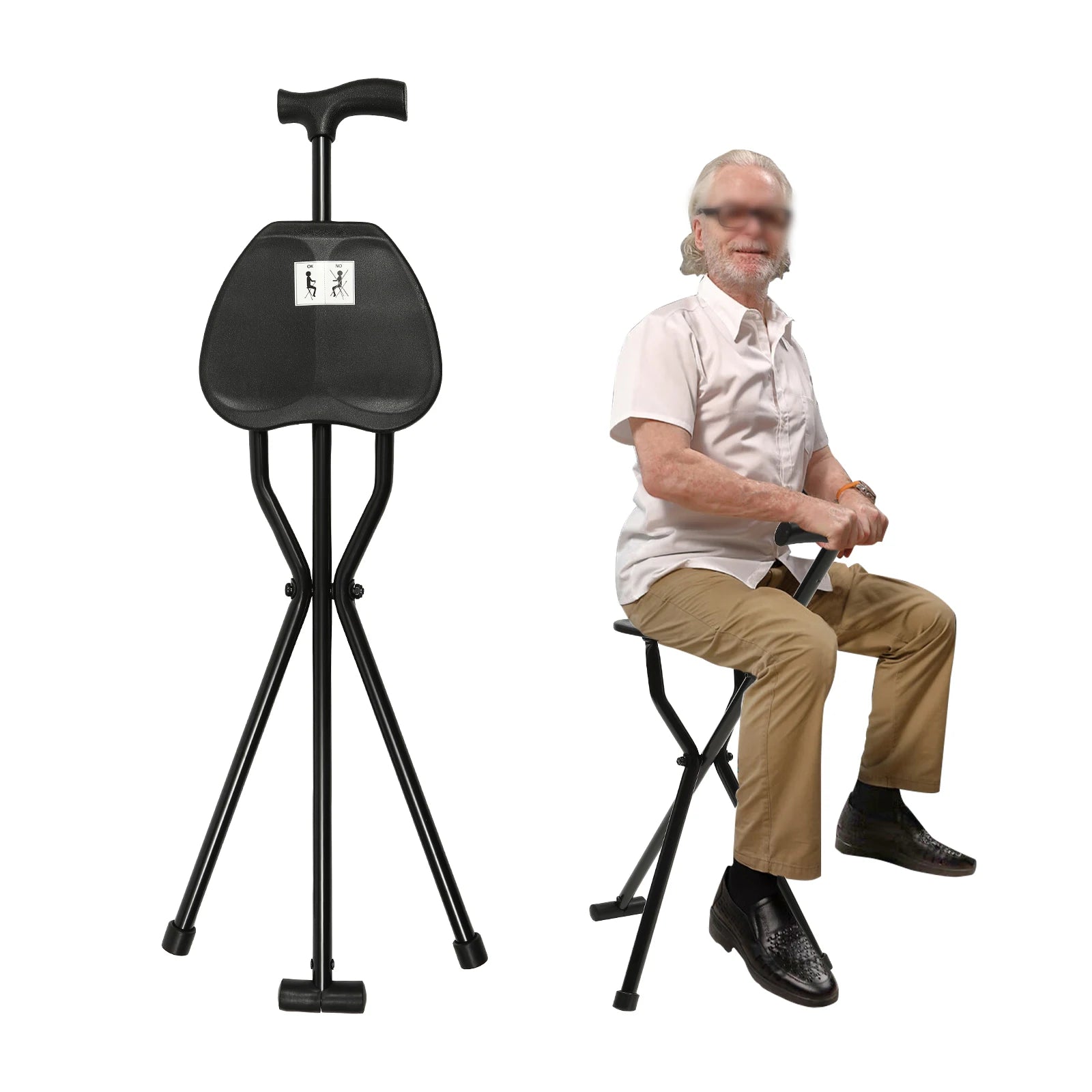 Portable Folding Walking Cane with Tripod Chair Seat - Senior Support Goods