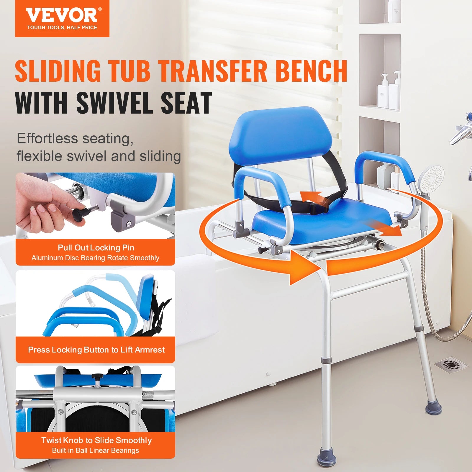 VEVOR Sliding Tub Transfer Bench with 360 Degree Swivel Seat - Senior Support Goods