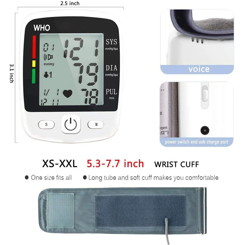 Digital Blood Pressure Monitor Wrist Tensiometer LCD 2 X 90 Memory Rechargeable - Senior Support Goods