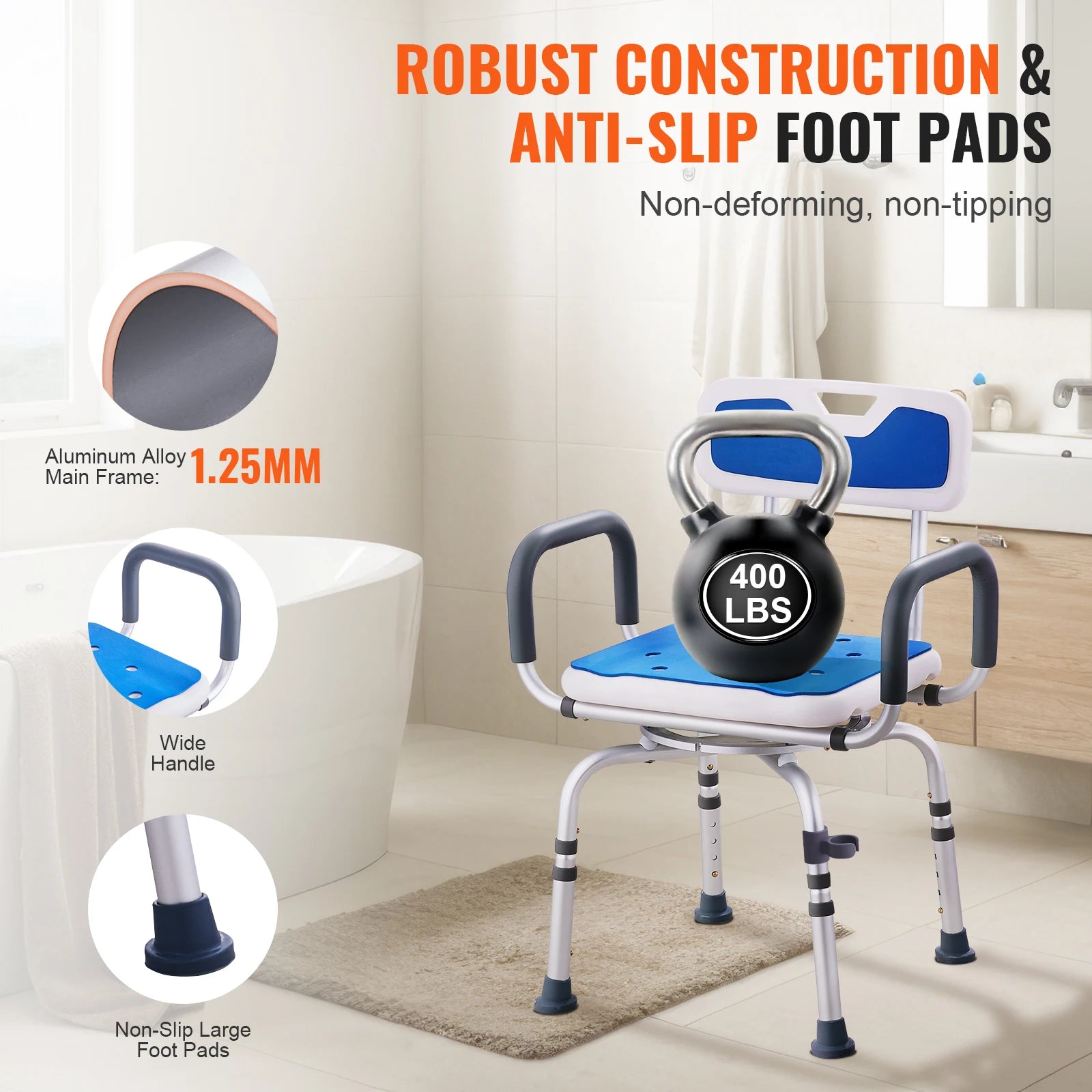 VEVOR Swivel Shower Chair 360 Degree Adjustable with Armrests - Senior Support Goods