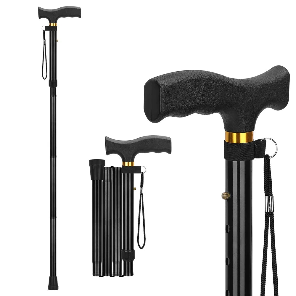 Lightweight Folding Cane Adjustable Height T Handle Walking Stick - Senior Support Goods