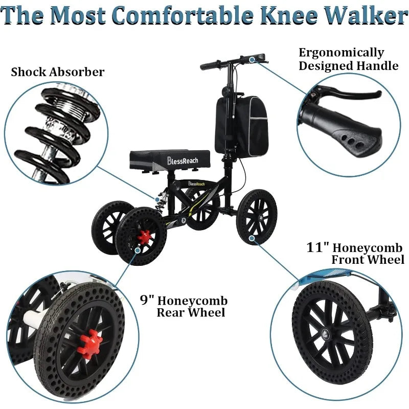 All Terrain Foldable Knee Scooter Walker - Compact Crutches Alternative - Senior Support Goods