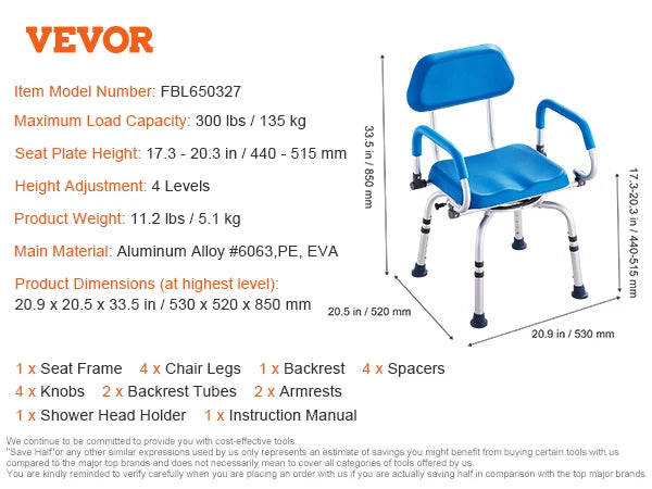 VEVOR Swivel Shower Chair 360 Degree Adjustable with Armrests - Senior Support Goods