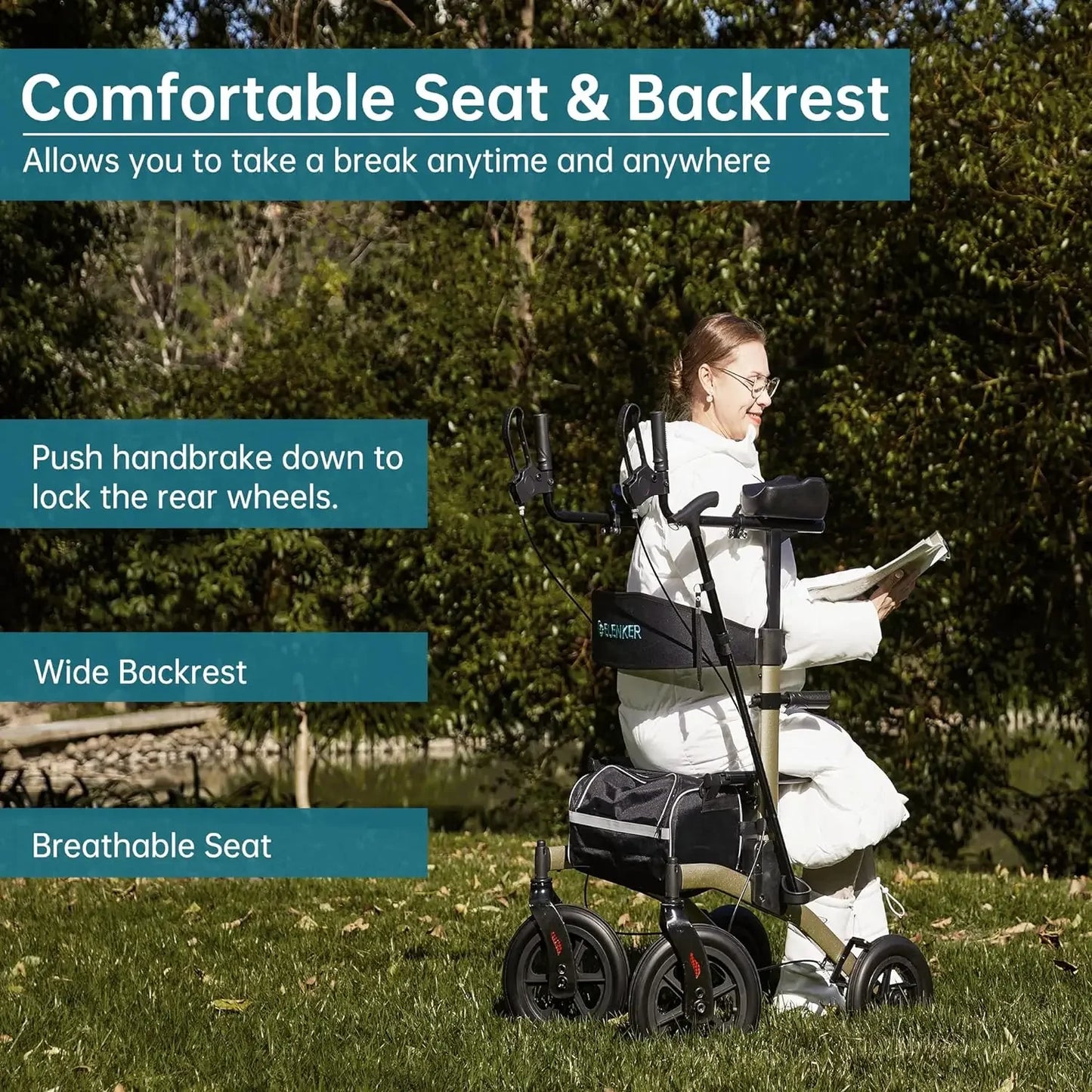 ELENKER All-Terrain Upright Rollator Walker with Seat - Senior Support Goods