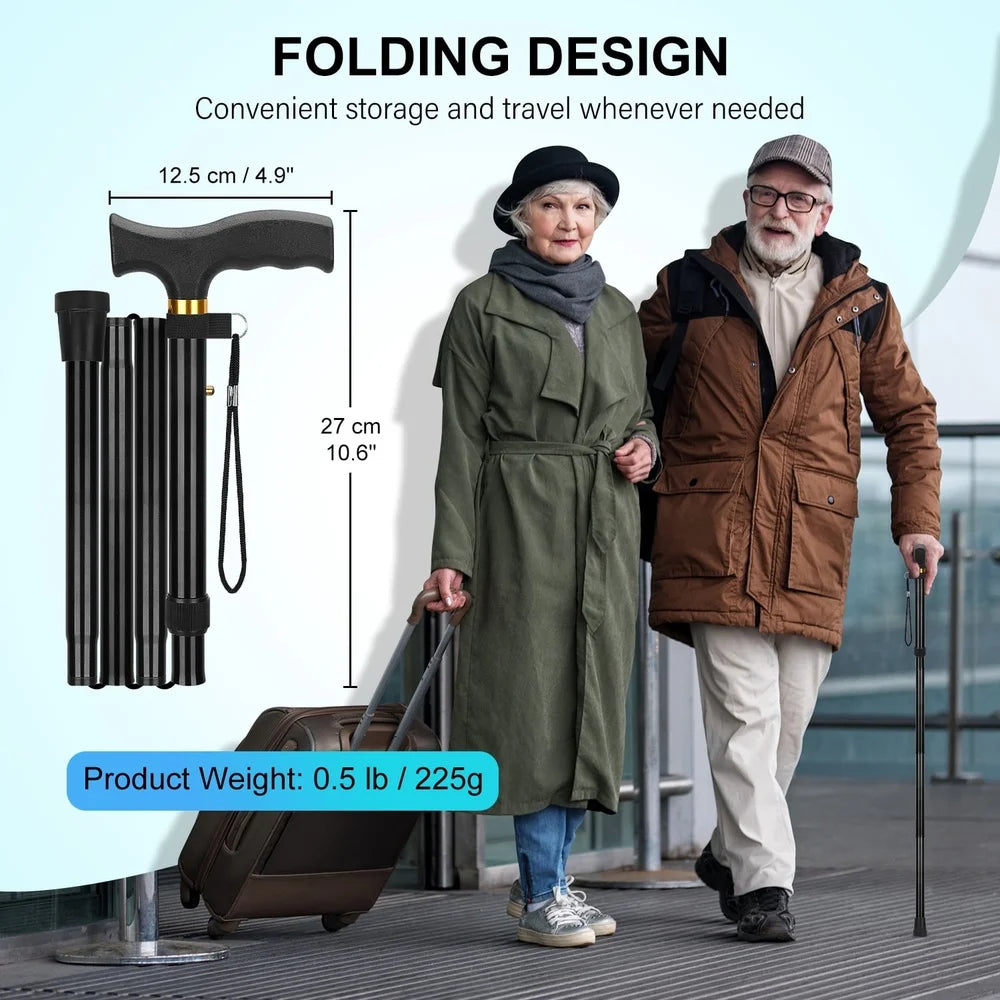 Lightweight Folding Cane Adjustable Height T Handle Walking Stick - Senior Support Goods