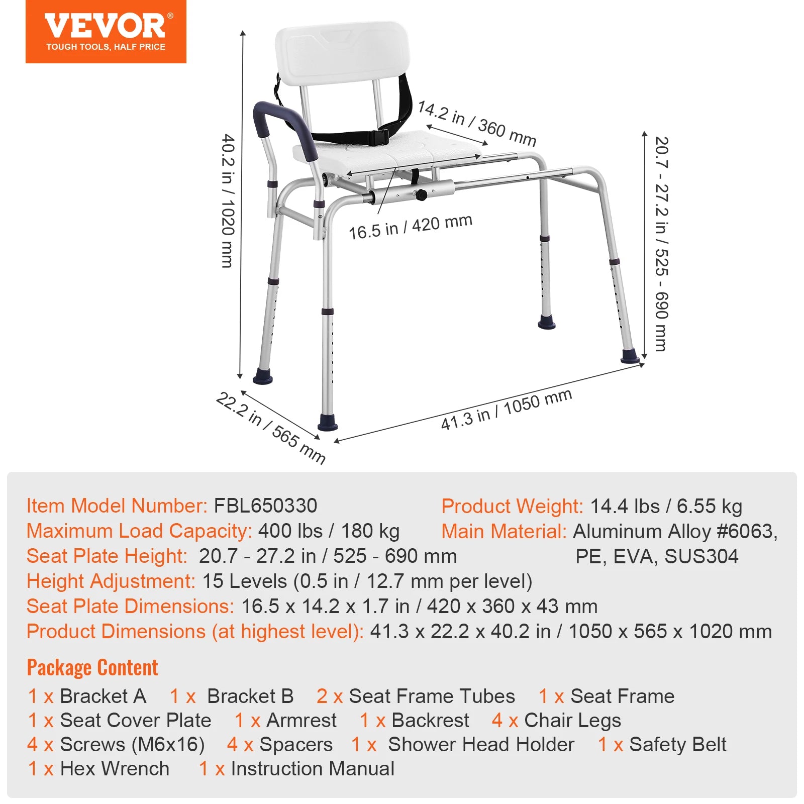 VEVOR Sliding Tub Transfer Bench with 360 Degree Swivel Seat - Senior Support Goods
