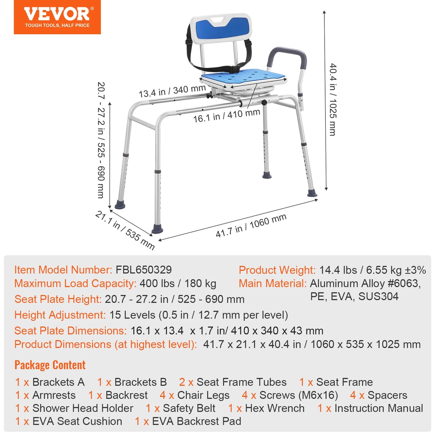 VEVOR Sliding Tub Transfer Bench with 360 Degree Swivel Seat - Senior Support Goods