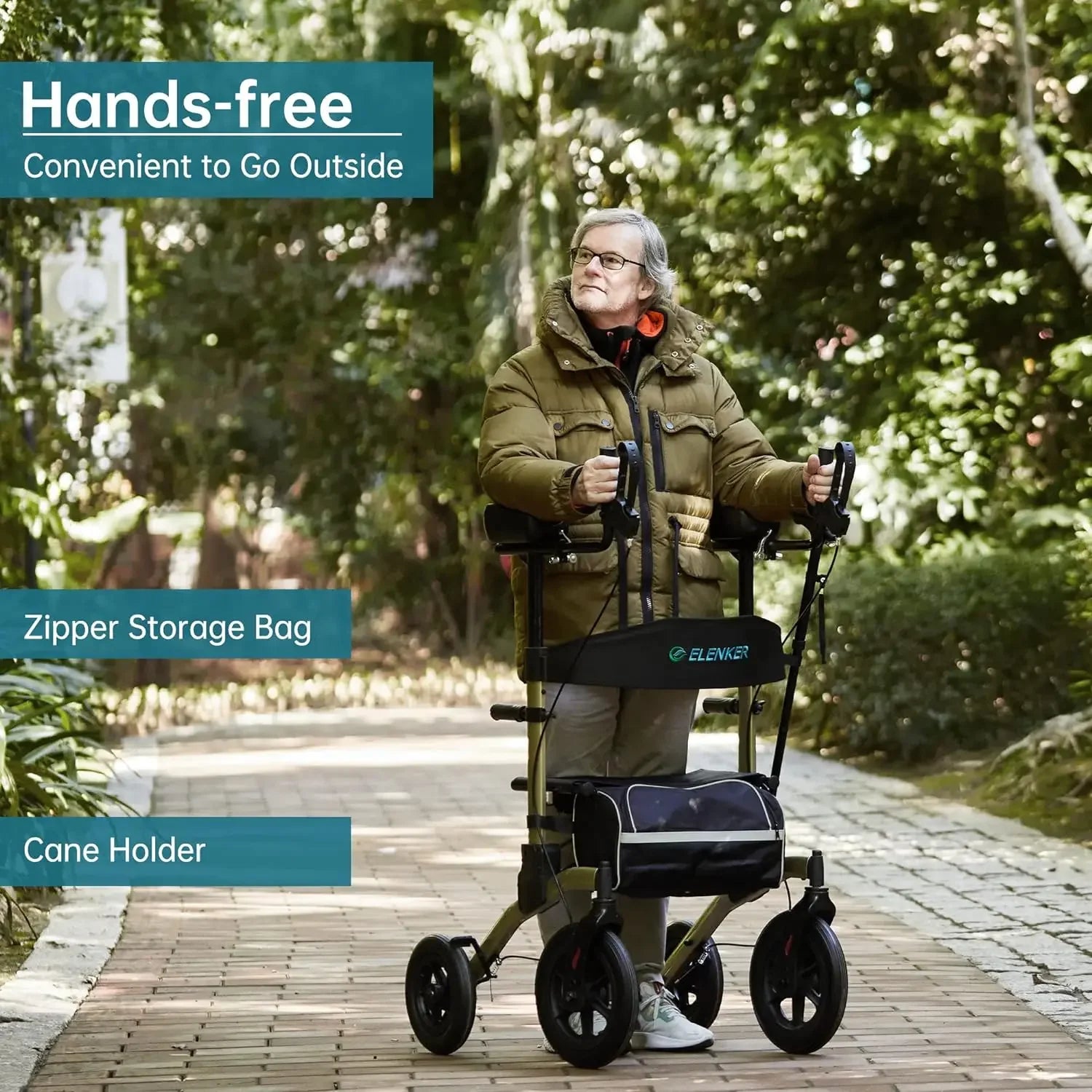 ELENKER All-Terrain Upright Rollator Walker with Seat - Senior Support Goods