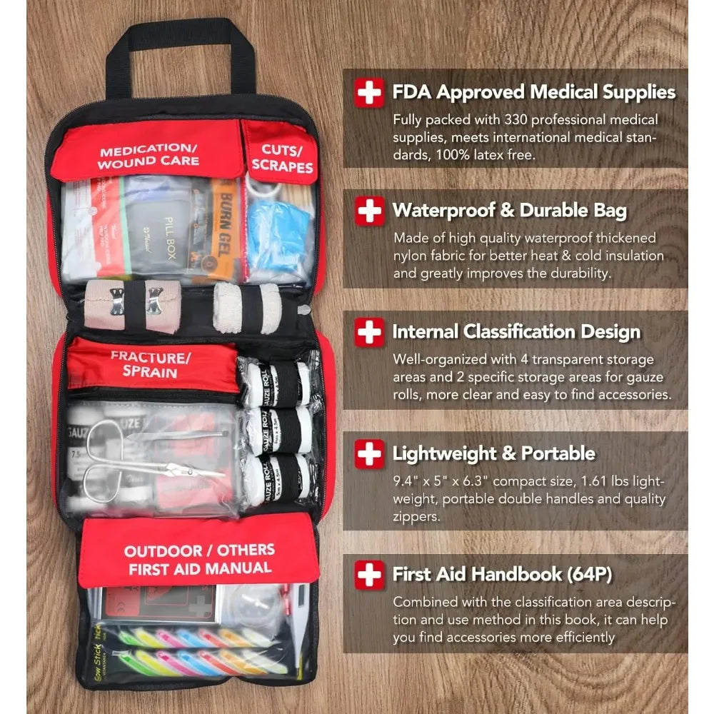 330pcs Premium Waterproof Compact Trauma Medical Kit Red - Senior Support Goods
