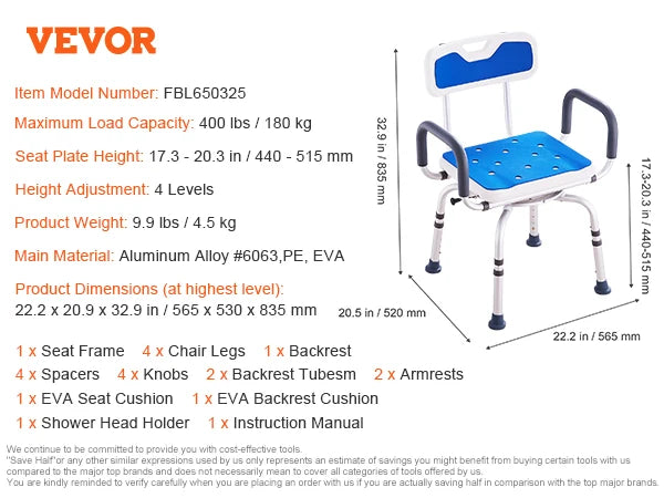VEVOR Swivel Shower Chair 360 Degree Adjustable with Armrests - Senior Support Goods