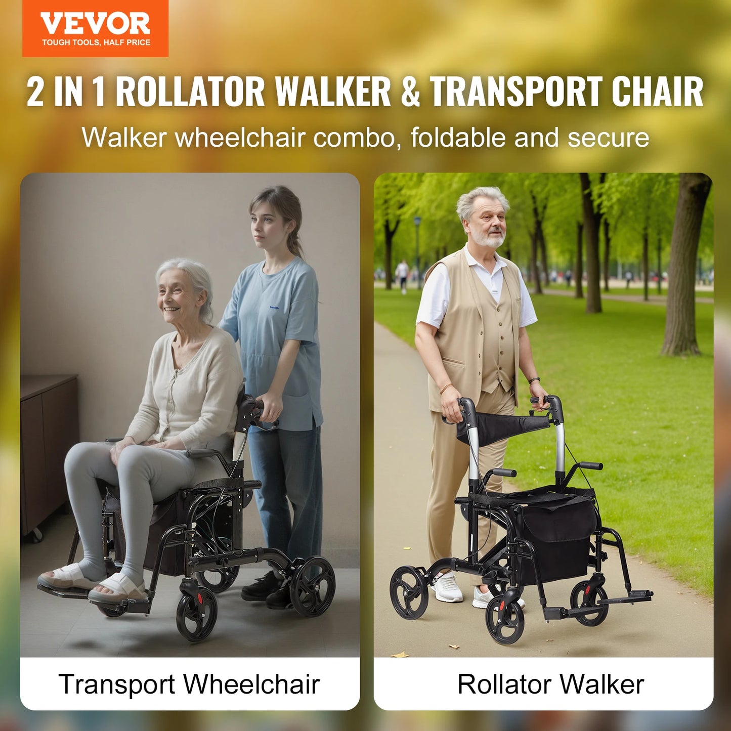 VEVOR 2 in 1 Rollator Walker & Transport Chair for Seniors - Senior Support Goods