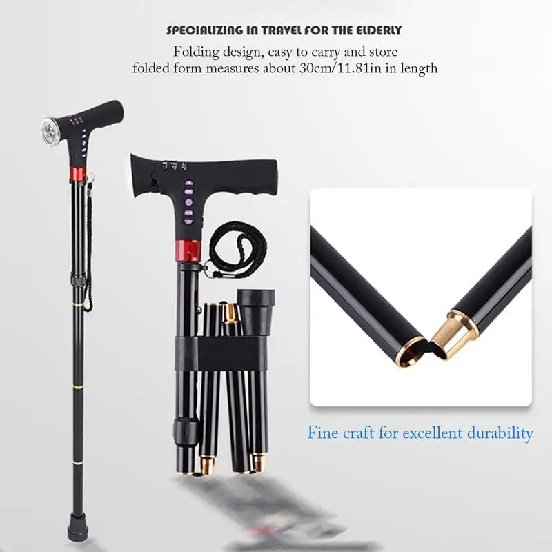 Collapsible Telescopic Cane Cushionable Handle Elder Cane LED - Senior Support Goods