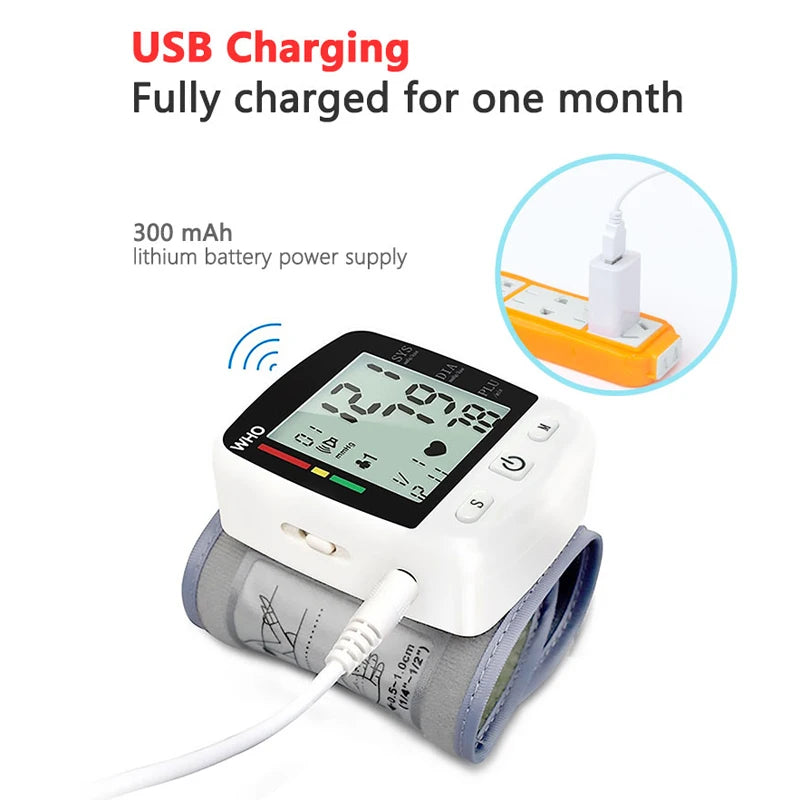 Digital Blood Pressure Monitor Wrist Tensiometer LCD 2 X 90 Memory Rechargeable - Senior Support Goods