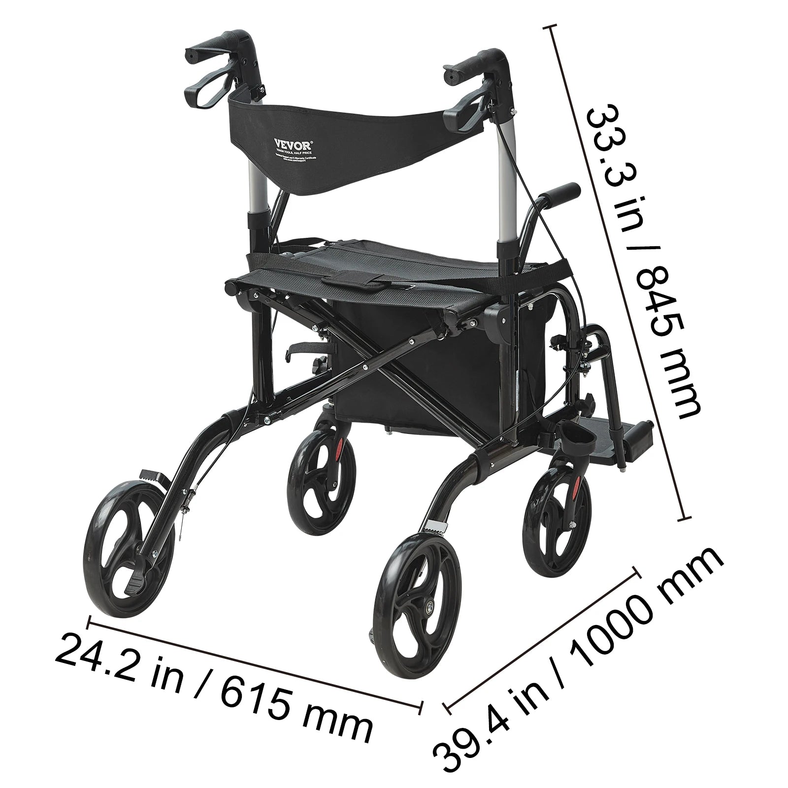 VEVOR 2 in 1 Rollator Walker & Transport Chair for Seniors - Senior Support Goods