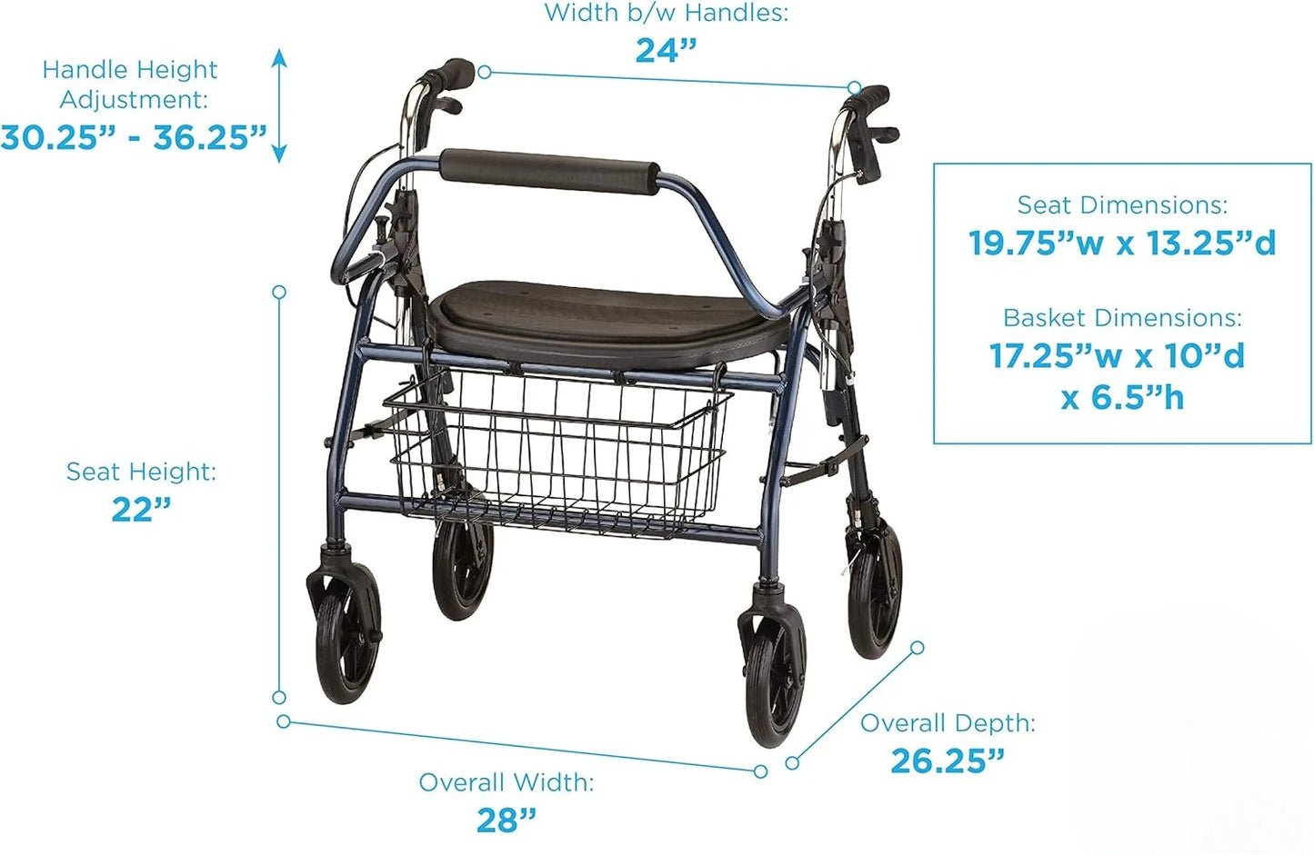 Mighty Mack Heavy Duty Rollator Walker 500 lb Capacity Blue - Senior Support Goods